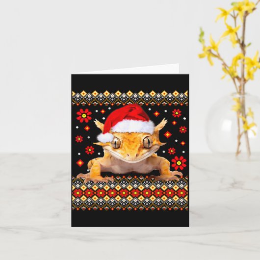 Crested Gecko Ugly Christmas Sweater  カード (黄色い花)