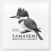 Crested Kingfisher Black & White ガラスコースター (正面)