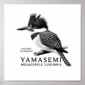 Crested Kingfisher Black & White Art Print ポスター (正面)