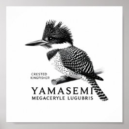 Crested Kingfisher Black & White Art Print ポスター