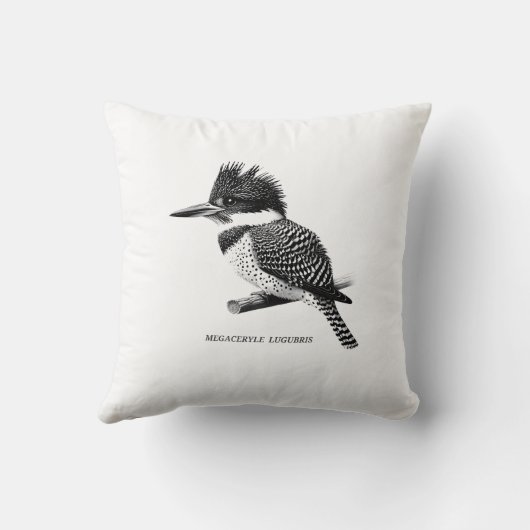 Crested Kingfisher Monochrome Throw Pillow クッション (裏面)