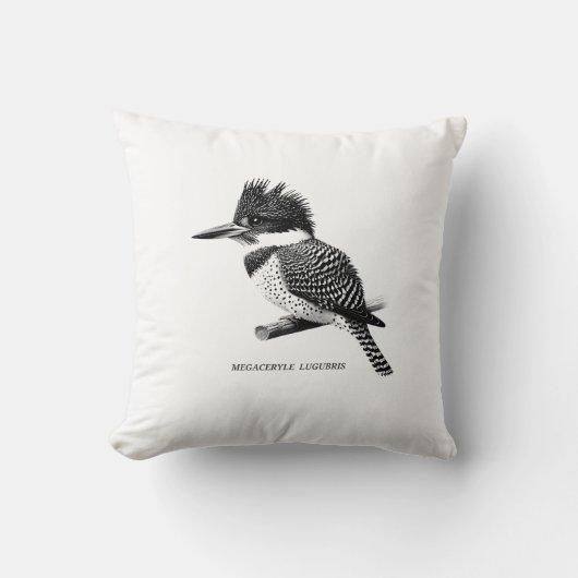 Crested Kingfisher Monochrome Throw Pillow クッション (正面)