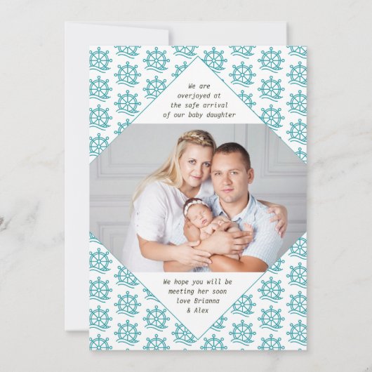 Crew 2フォトティール(緑がかった色)ホイール航海の誕生 案内状 (裏面)