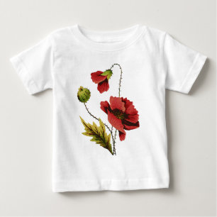Crewelの刺繍の赤のケシ ベビーTシャツ
