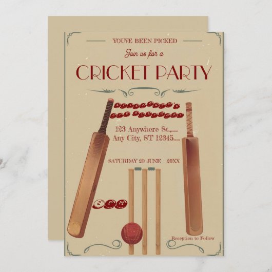 Cricket Birthday Party Sports Invitation 招待状 (正面/裏面)