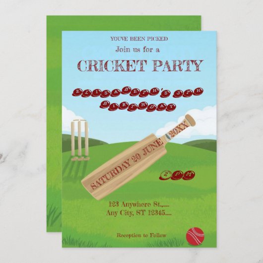 Cricket Birthday Party Sports Invitation 招待状 (正面/裏面)