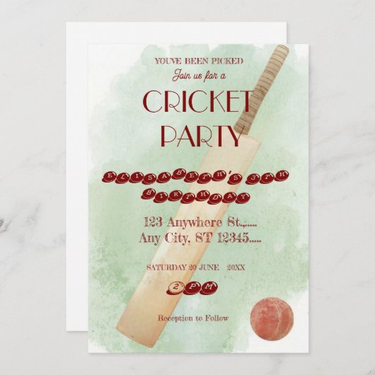 Cricket Birthday Party Sports Invitation 招待状 (正面/裏面)