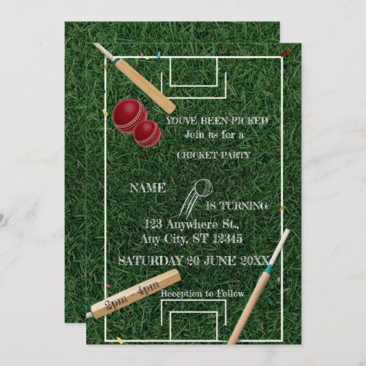 Cricket Birthday Party Sports Invitation 招待状 (正面/裏面)