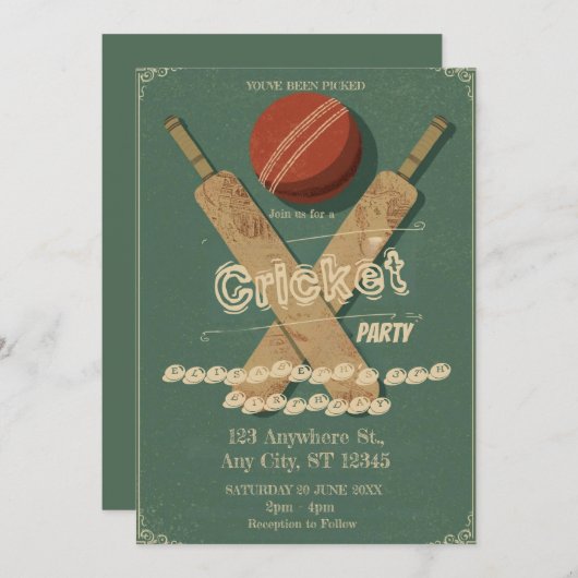 Cricket Birthday Party Sports Invitation 招待状 (正面/裏面)