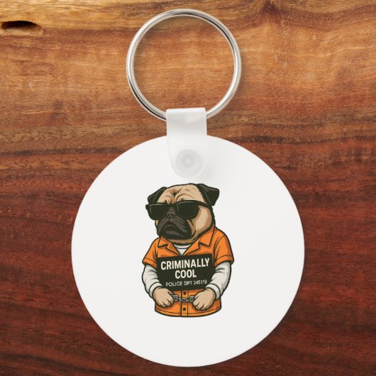 Criminally Cool Pug � Funny Mugshot Dog Design キーホルダー (正面)