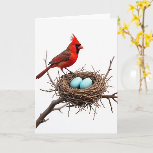 Crimson Bird Nesting Scene Card カード (黄色い花)