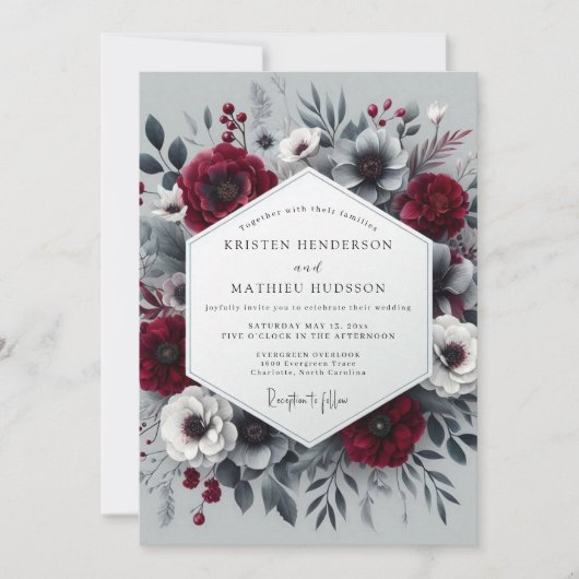 Crimson Bloom Moody Romance Wedding 招待状 (正面)