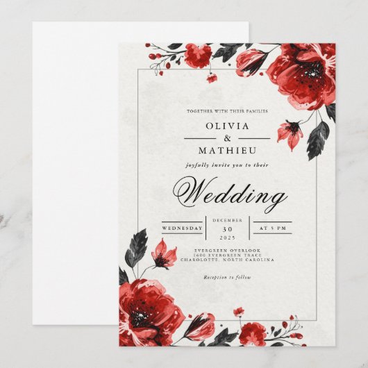Crimson Bloom Romantic Wedding 招待状 (正面/裏面)