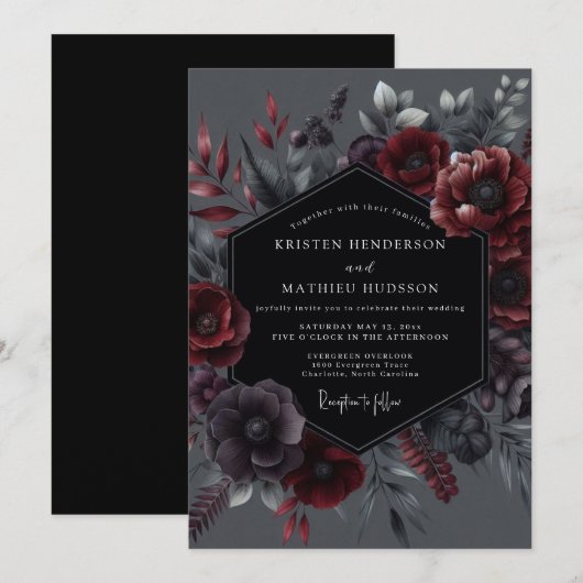 Crimson Botanical Elegance Wedding 招待状 (正面/裏面)
