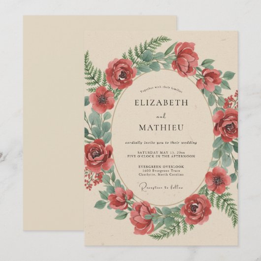Crimson Botanical Rustic Wedding 招待状 (正面/裏面)