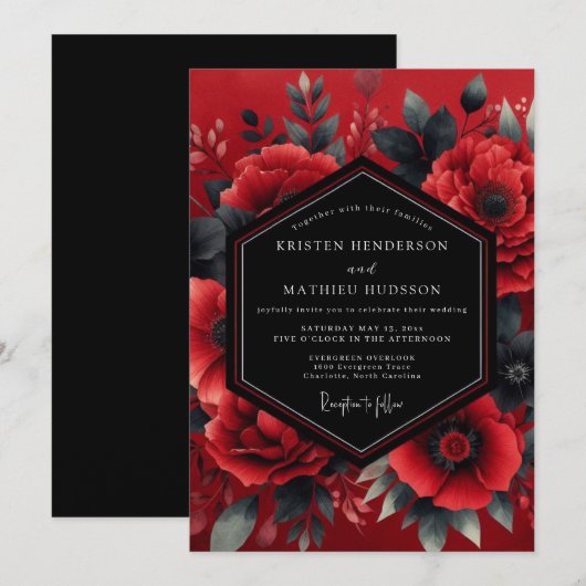 Crimson Dramatic Bloom Wedding 招待状 (正面/裏面)