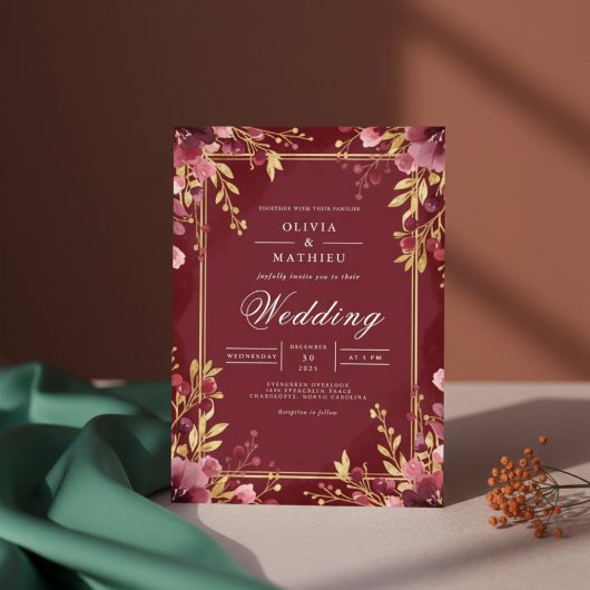 Crimson Floral Archway Romance Wedding 招待状