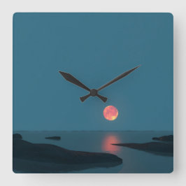 Crimson Full Moon Over Calm Waters スクエア壁時計