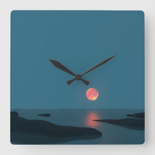Crimson Full Moon Over Calm Waters スクエア壁時計 (正面)
