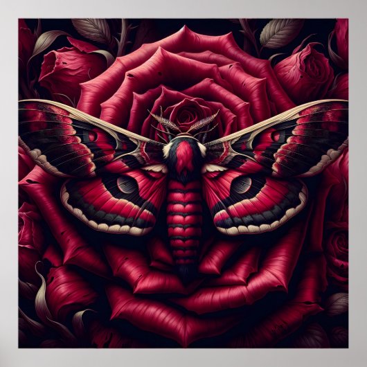 Crimson Hawk Moth Red Rose Dark Gothic Botanical  ポスター (正面)