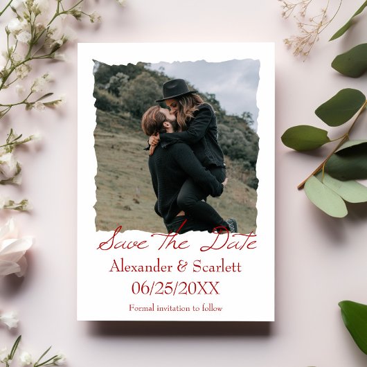 Crimson Jagged Frame Photo Save The Date 案内状