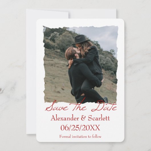 Crimson Jagged Frame Photo Save The Date 案内状 (正面)