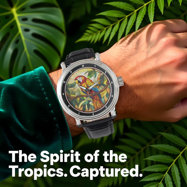 Crimson Jungle Time" - Stained Glass Red Parrot 腕時計 (クリエイターアップロード済み)