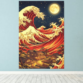 Crimson Moon Over Japanese Coast – Ukiyo-e Style キャンバスプリント