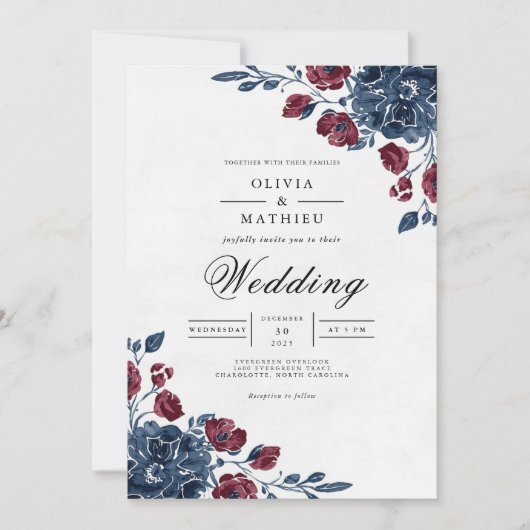 Crimson Navy Floral Archway Wedding 招待状 (正面)