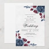 Crimson Navy Floral Archway Wedding 招待状 (正面/裏面)