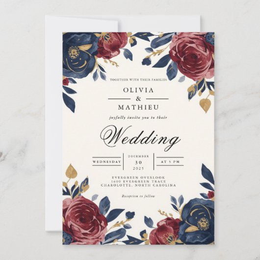 Crimson Navy Floral Flourish Wedding 招待状 (正面)