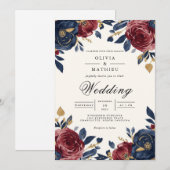 Crimson Navy Floral Flourish Wedding 招待状 (正面/裏面)