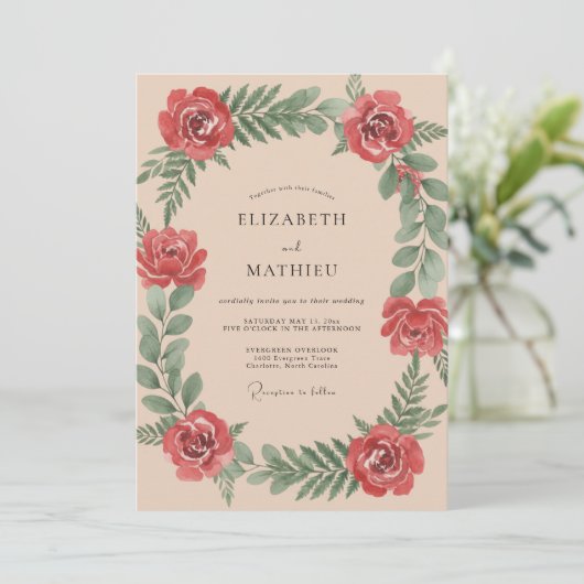 Crimson Painterly Botanical Romance Wedding 招待状 (スタンド正面)