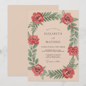 Crimson Painterly Botanical Romance Wedding 招待状 (正面/裏面)