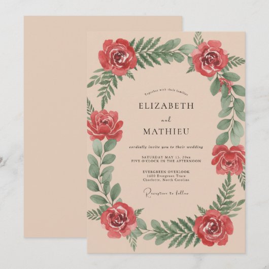 Crimson Painterly Botanical Romance Wedding 招待状 (正面/裏面)