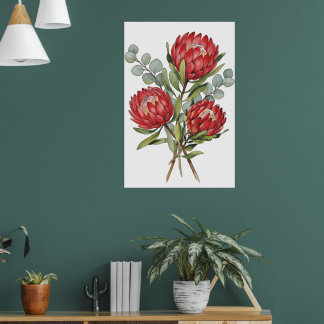 Crimson Protea Bouquet Watercolor ポスター