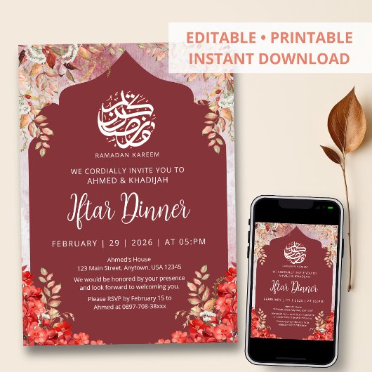 Crimson Red Floral Ramadan Iftar Dinner Invitation 招待状