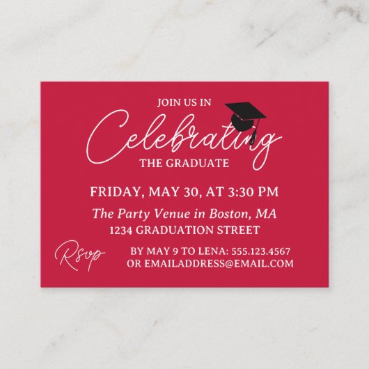 Crimson Red Photo Mini Graduation Party Invite エンクロージャーカード (正面)