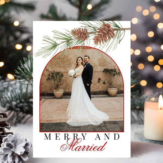 Crimson Red Pine Merry & Married Photo Christmas シーズンカード