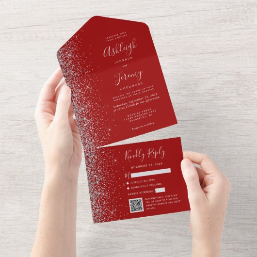 Crimson Red Silver Glitter QR Code Wedding オールインワン招待状 (貼ってはがせる)