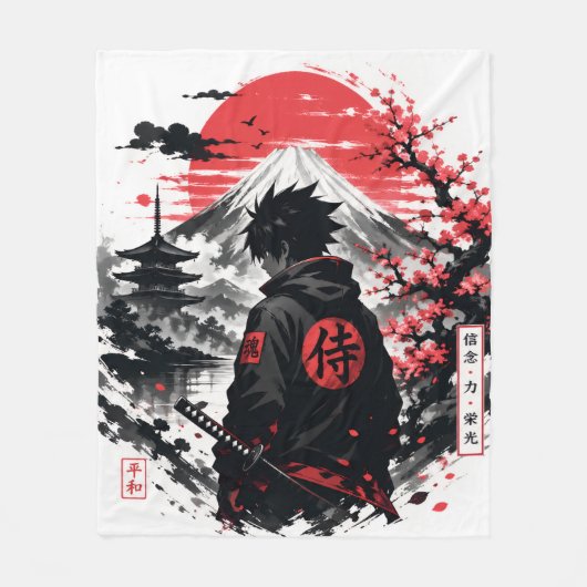 Crimson Sun Anime Silhouette フリースブランケット (正面)