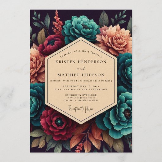 Crimson & Teal Opulent Bloom Wedding 招待状 (正面)