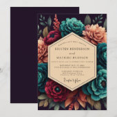 Crimson & Teal Opulent Bloom Wedding 招待状 (正面/裏面)