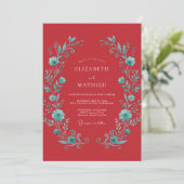 Crimson Teal Vibrant Botanical Wedding 招待状 (スタンド正面)