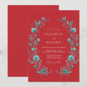 Crimson Teal Vibrant Botanical Wedding 招待状 (正面/裏面)