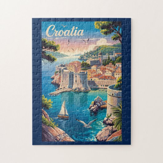 Croatia Dubrovnik Illustration Travel Art Vintage ジグソーパズル (縦)