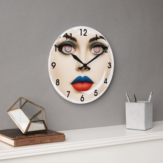Croatian Flag Face – Eyes & Lips Pop Art Portrait ラージ壁時計 (オフィス)
