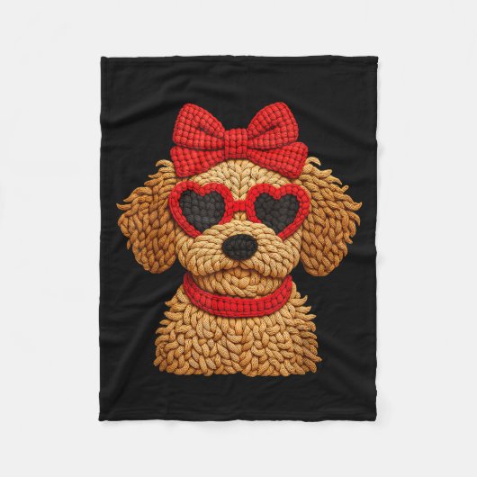Crochet Puppy Heart Sungles Red Bow Valentines Day フリースブランケット (正面)