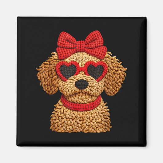 Crochet Puppy Heart Sungles Red Bow Valentines Day マグネット (正面)