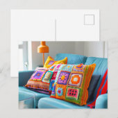 Crocheted Granny Square Pillows Lying on a Sofa ポストカード (正面/裏面)